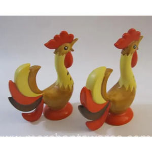 Two VINTAGE 1960's Holt Howard Rooster Salt shakers with stoppers and stickers